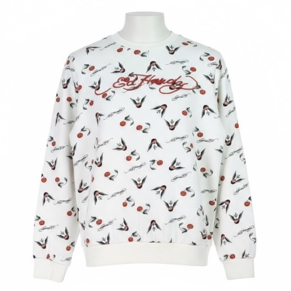 Ed Hardy Kids White Crewneck Sweatshirt Cherry & Swallow Graphic Print